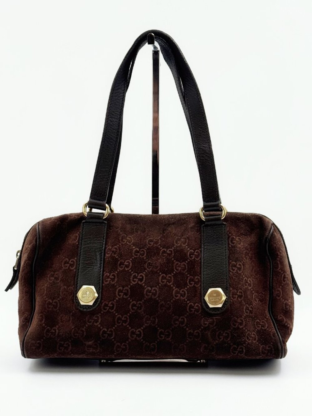 Gucci Vintage GG Monogram Suede Boston Shoulder Bag Brown Leather